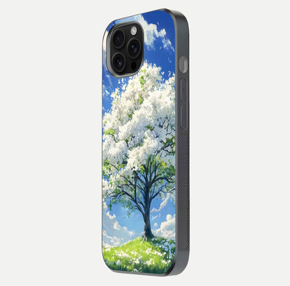 Blossom Sky Serenity Glass Case for iPhone 16 Pro Max side-angle image showing elegant edge flow and light reflection