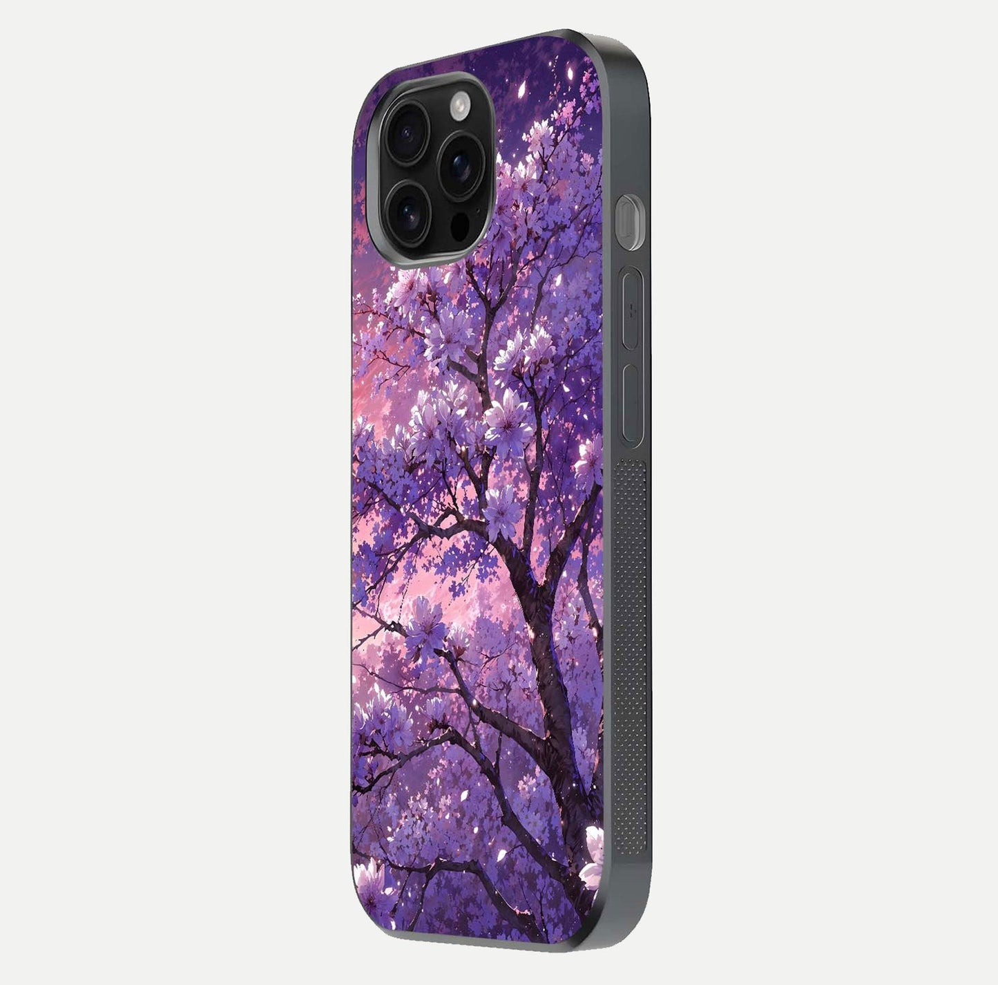 Blossom Tree Glass Case for iPhone 16 Pro Max side-angle image showing floral tree artwork and reflection gloss