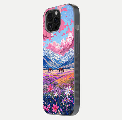 Blossom Valley Dream Glass Case for iPhone 16 Pro Max side-angle shot showcasing bloom tones and gloss texture