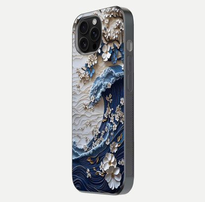 Blossom Wave Art Glass Case for iPhone 16 Pro Max side-angle view showing wave-flow print and gloss edge finish