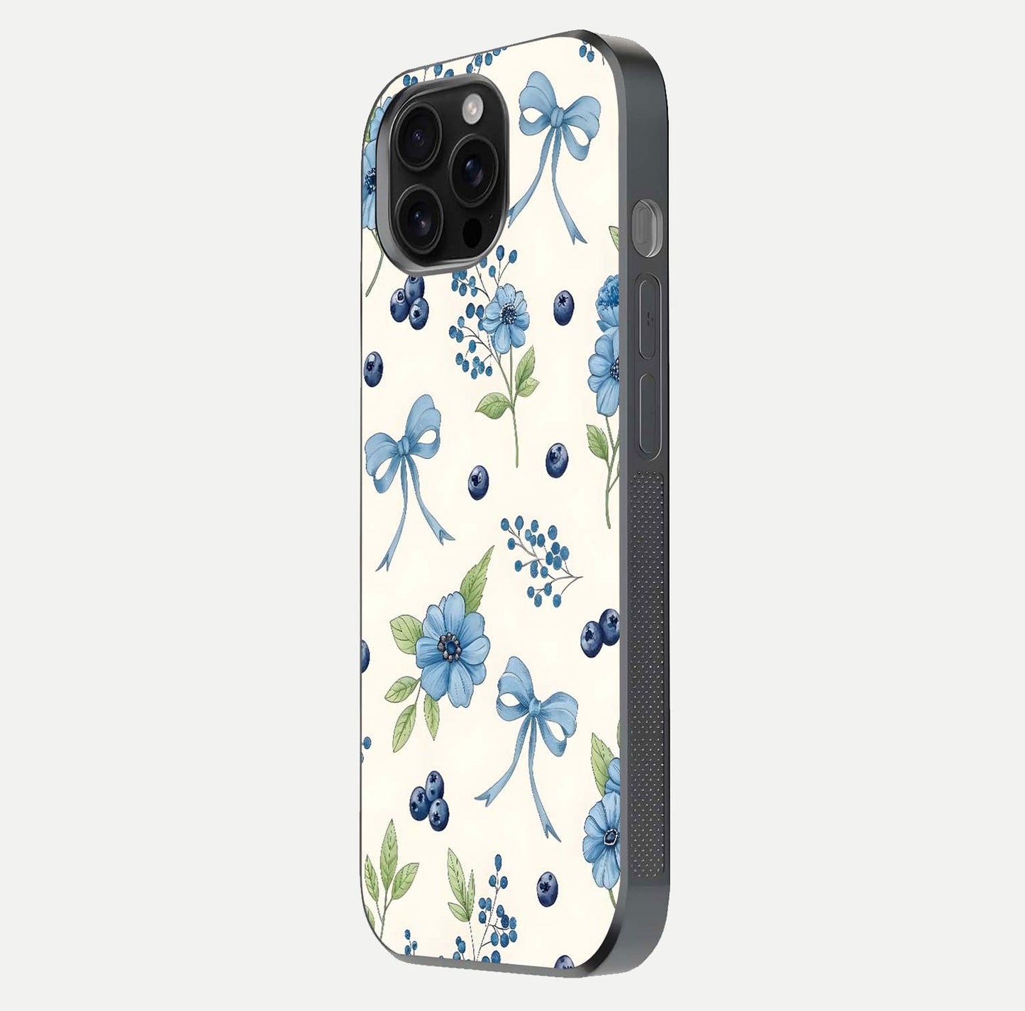 Blue Flower & Bow Glass Case for iPhone 16 Pro Max side-angle image showing bow-floral mix and HD finish shine