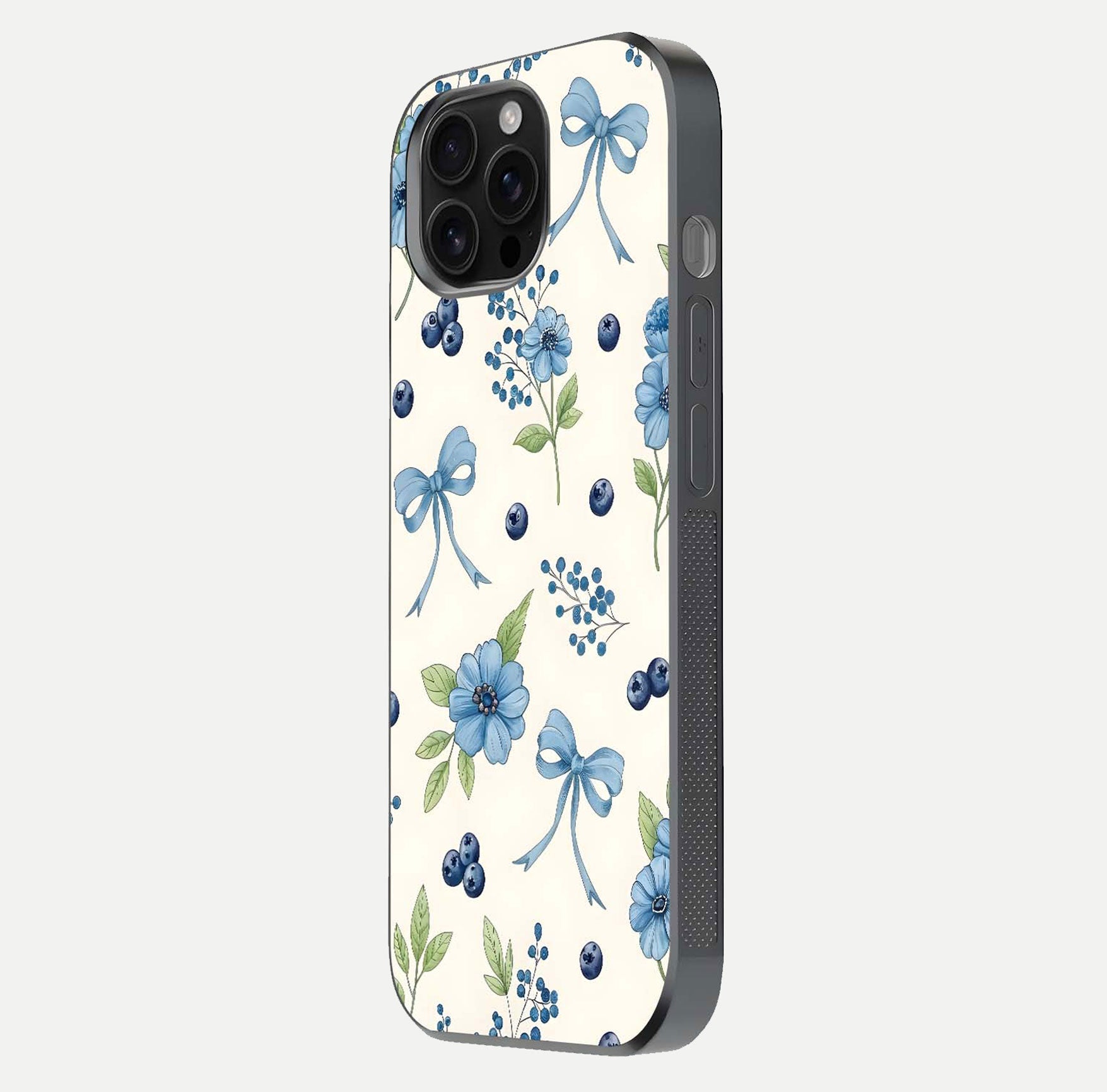Blue Flower & Bow Glass Case for iPhone 16 Pro Max side-angle image showing bow-floral mix and HD finish shine