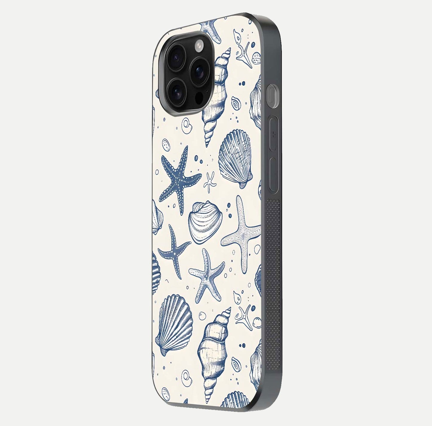 Blue Ocean Outline Glass Case for iPhone 16 Pro Max side-angle view showing clear edge lines and oceanic blue glow