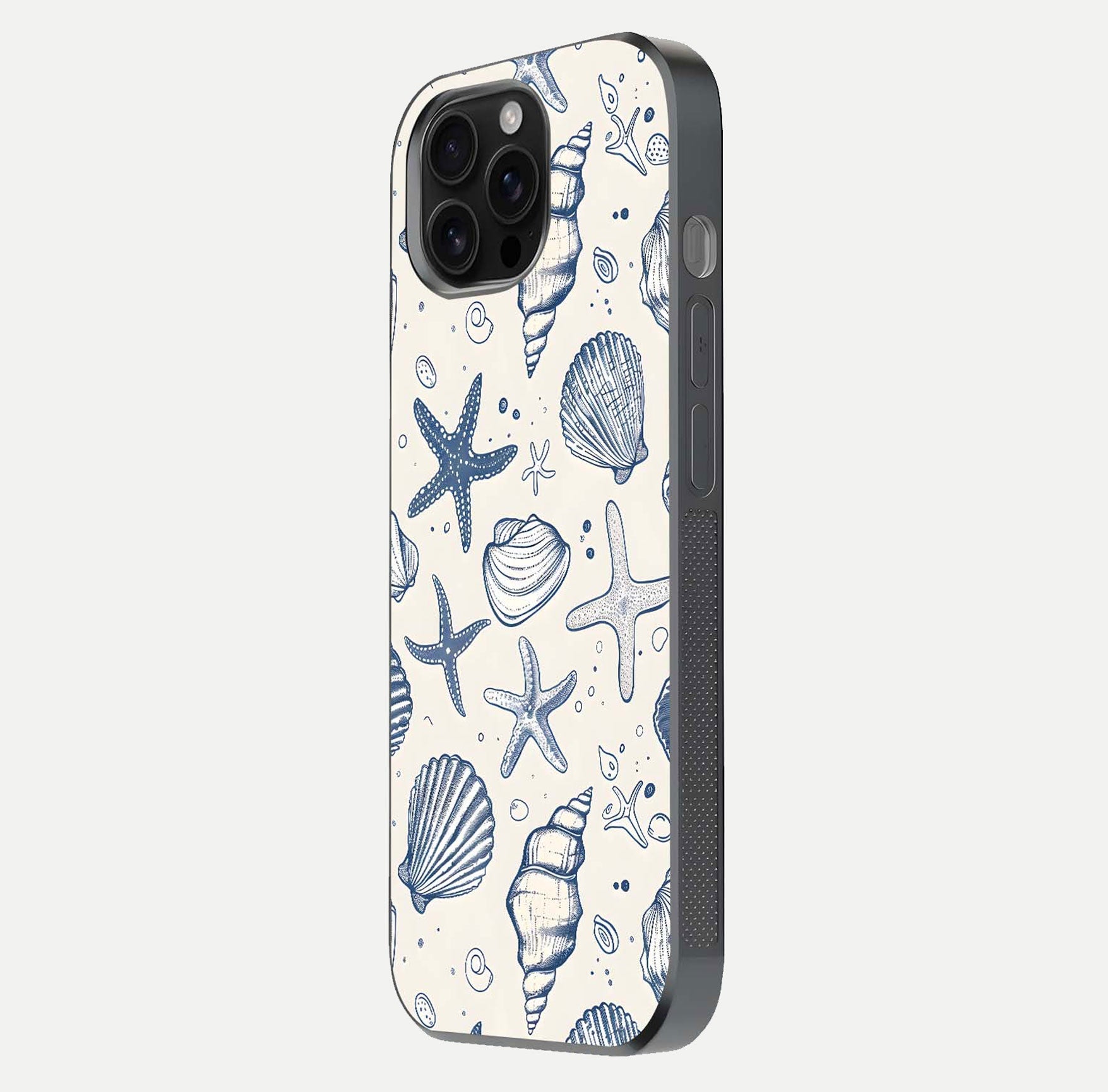 Blue Ocean Outline Glass Case for iPhone 16 Pro Max side-angle view showing clear edge lines and oceanic blue glow