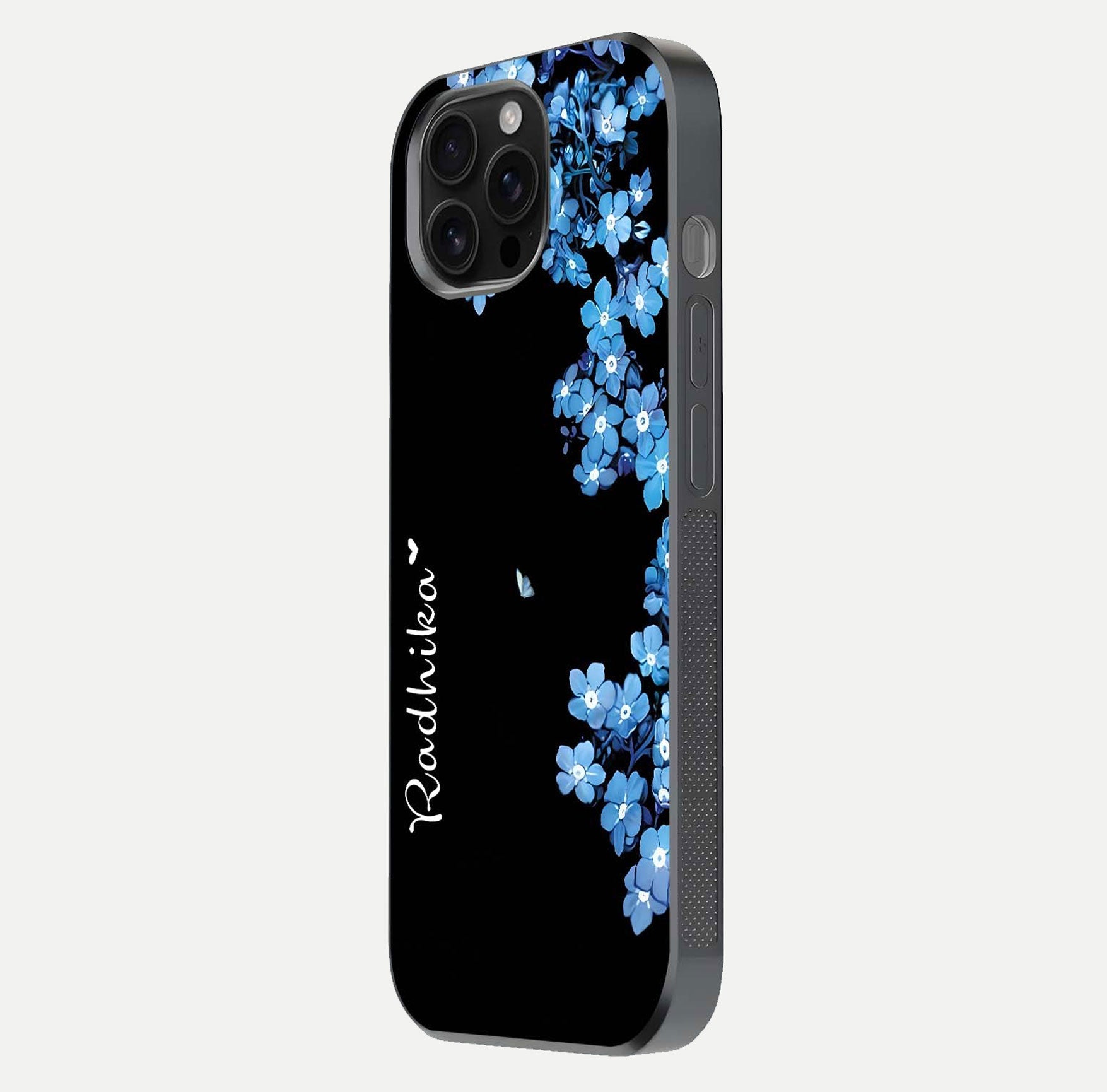 Blue Petal Dream Custom Name Glass Case for iPhone 16 Pro Max side-angle image showing name print clarity and smooth gloss