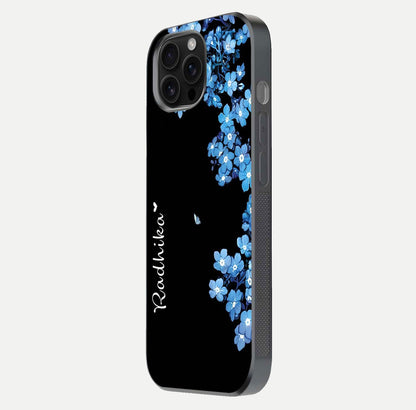 Blue Petal Dream Custom Name Glass Case for iPhone 16 Pro Max side-angle image showing name print clarity and smooth gloss