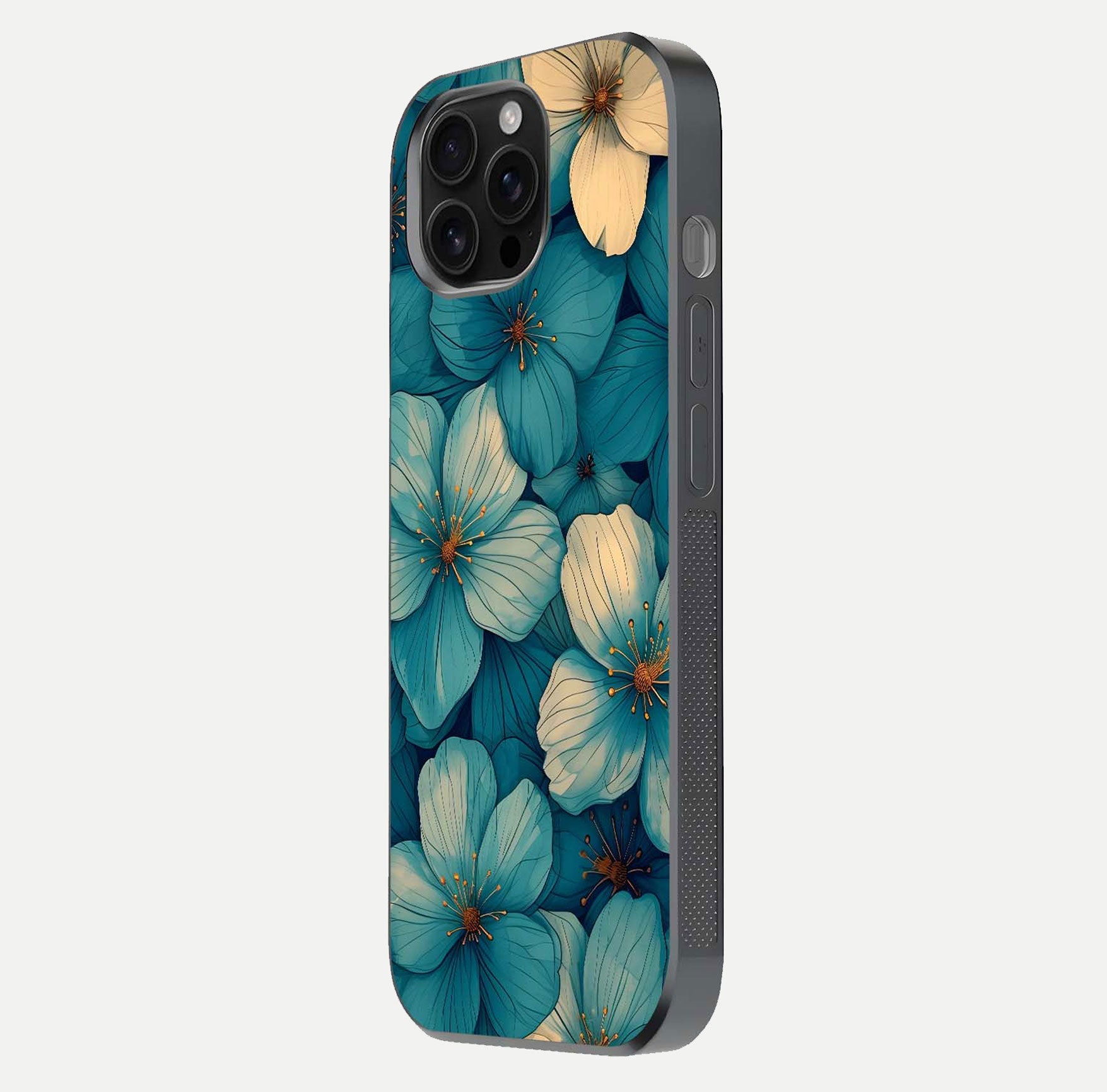 Blue Shade Floral Glass Case for iPhone 16 Pro Max side-angle photo showing detailed floral hues and curved glass shine