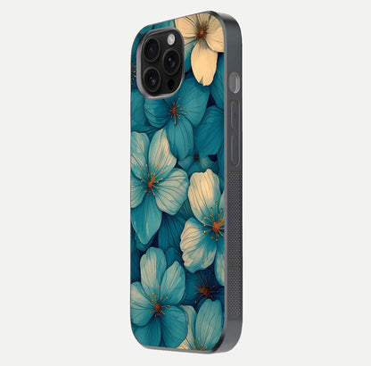 Blue Shade Floral Glass Case for iPhone 16 Pro Max side-angle photo showing detailed floral hues and curved glass shine