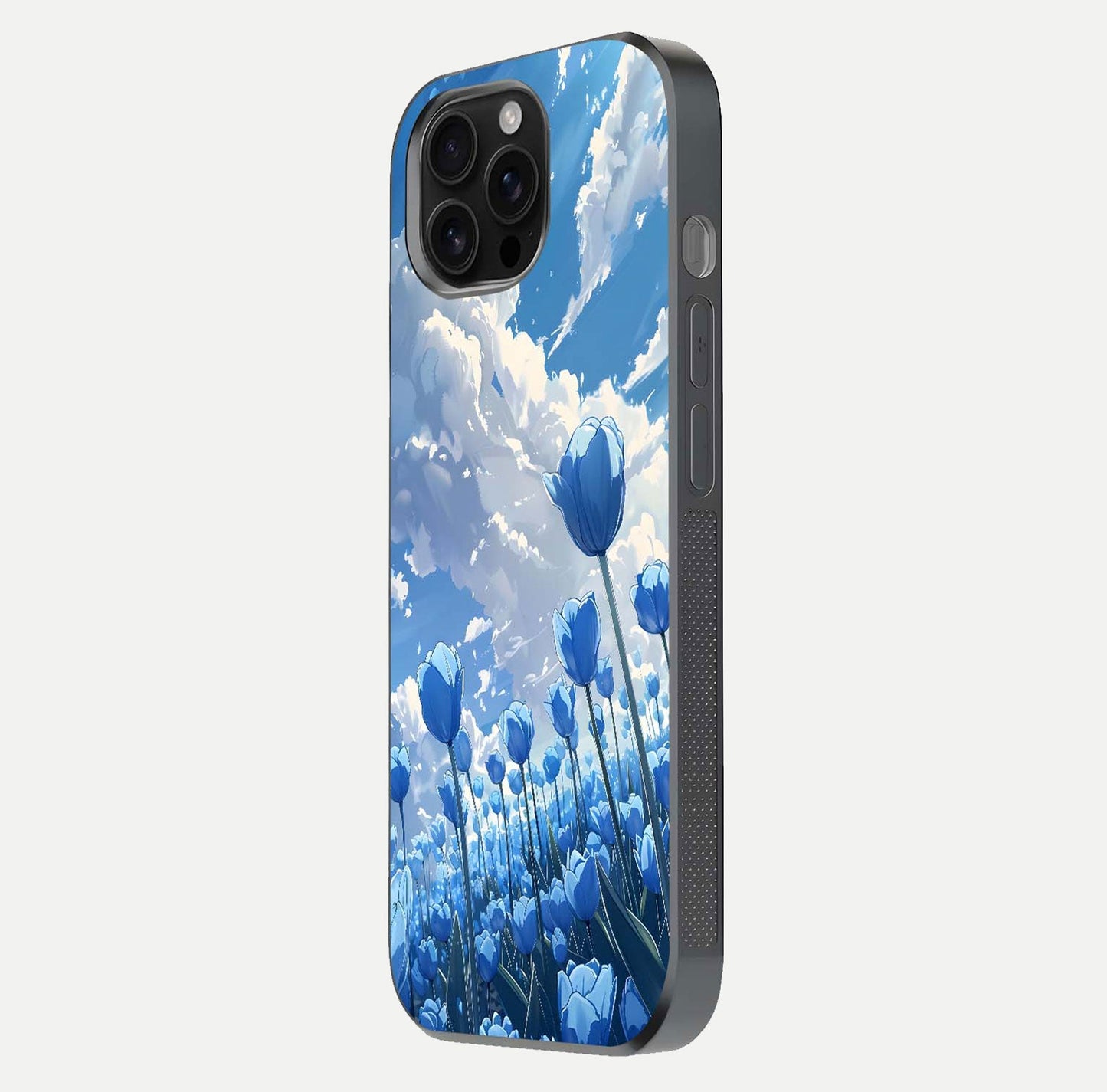 Blue Tulip Clouds Glass Case for iPhone 16 Pro Max side-angle image showing edge curve and flower reflection glow