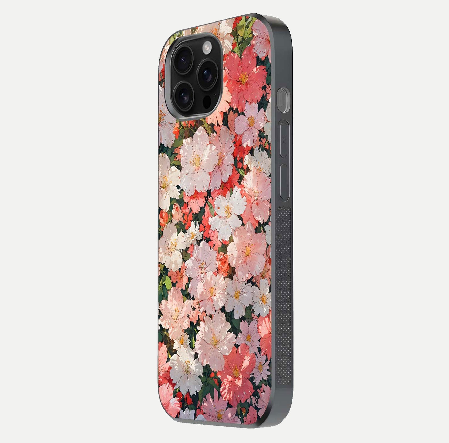 Blush Bloom Field Glass Case for iPhone 16 Pro Max side-angle image showing petal pattern gloss and smooth edges