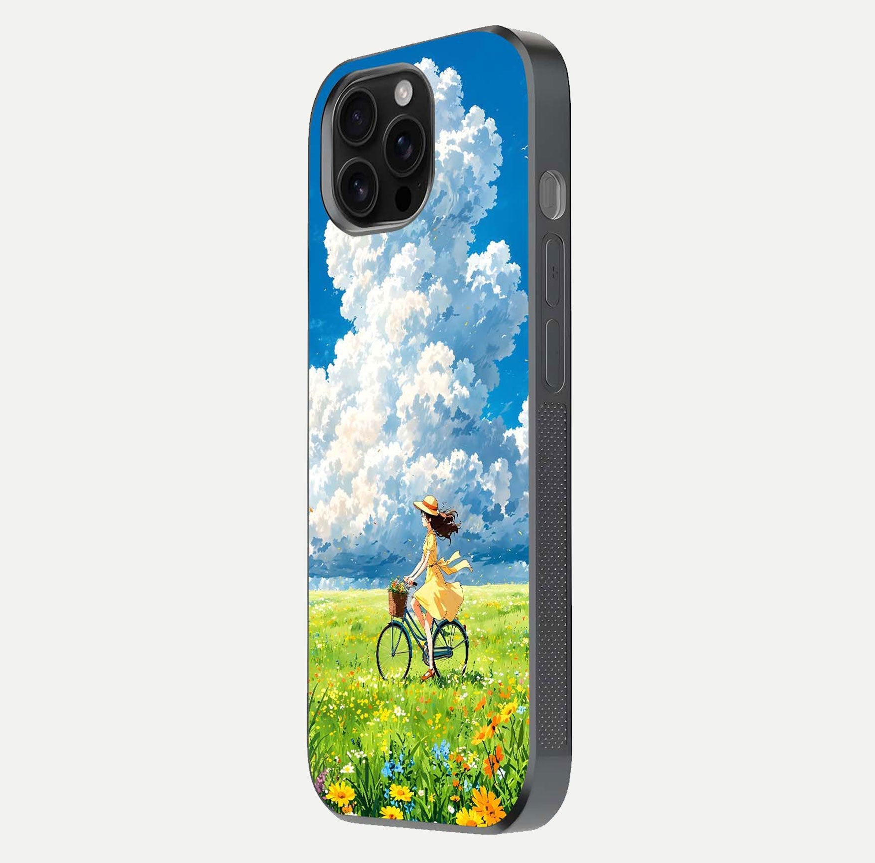 Breezy Meadow Ride Glass Case for iPhone 16 Pro Max side-angle image showing floral details and edge glow