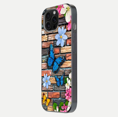 Brick Bloom Flight Glass Case for iPhone 16 Pro Max side-angle photo showing curve shine and detailed petal contrast