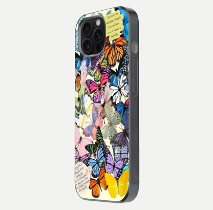 Butterflies Petal Dream Glass Case for iPhone 16 Pro Max side-angle shot showing butterfly motion and curved edges