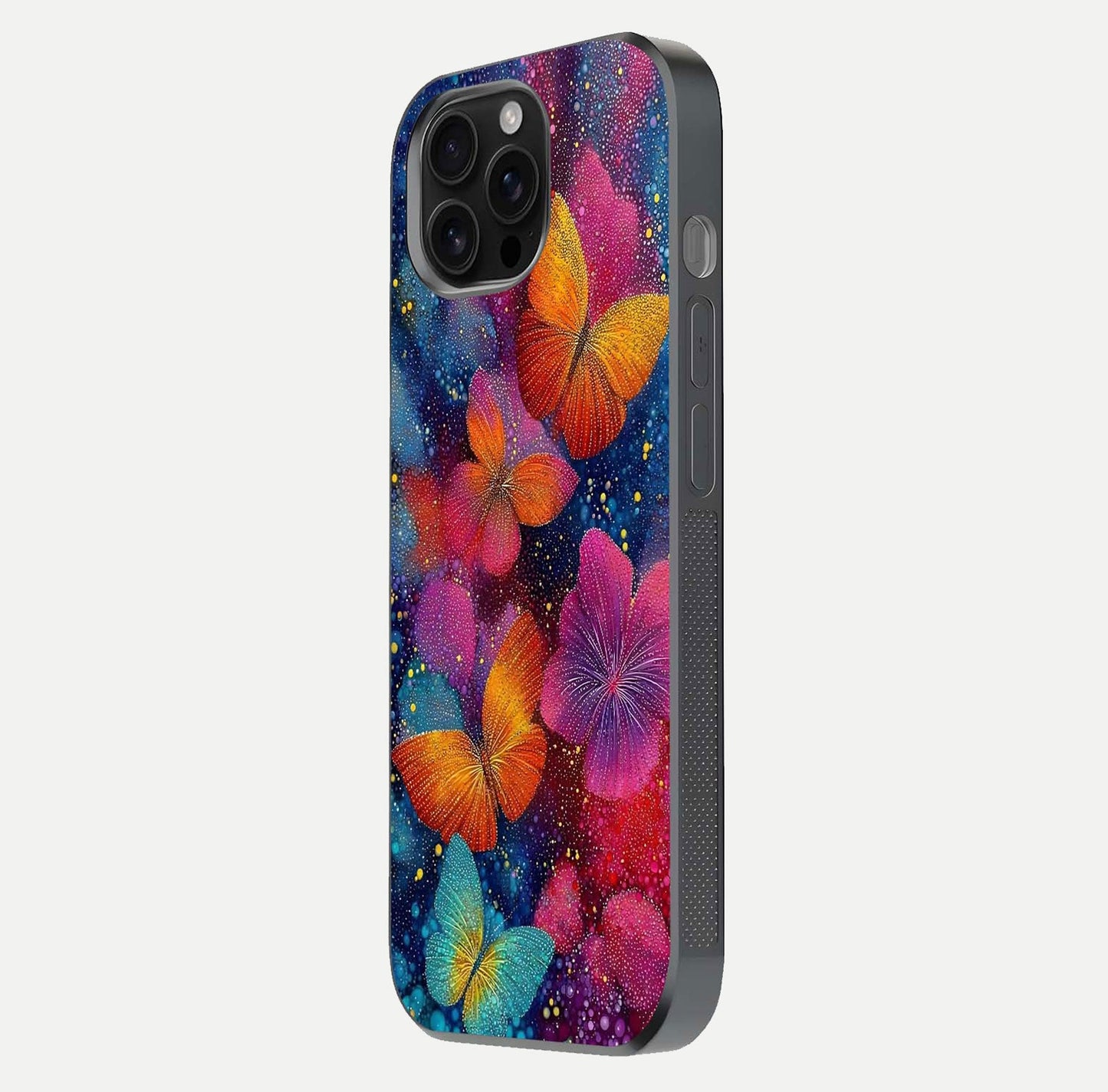 Butterfly Dream Mist Glass Case for iPhone 16 Pro Max side-angle image showing soft gradient and reflective glow