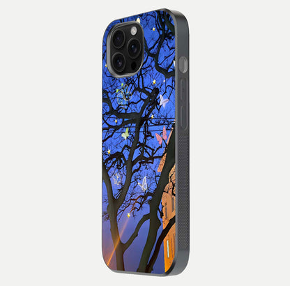 Butterfly Night Magic Glass Case for iPhone 16 Pro Max side-angle view capturing butterfly contrast and glossy depth