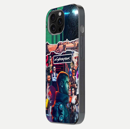 CYBERPUNK Legacy Glass Case for iPhone 16 Pro Max side-angle photo showing edge glow and reflective surface