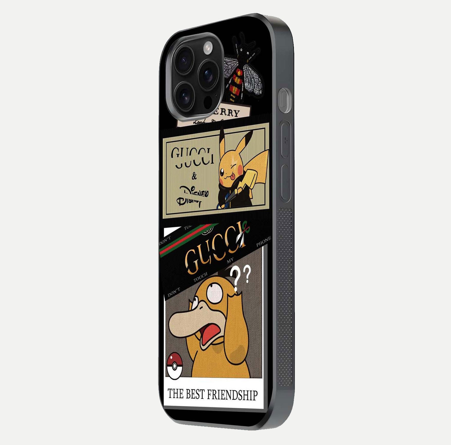 Cartoon Brand Play Mashup Glass Case for iPhone 16 Pro Max side-angle image showing reflection brightness and fun graphic mix