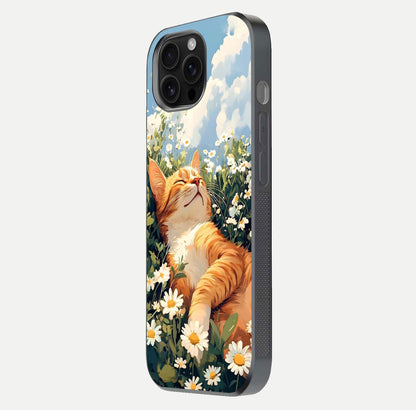 Cat & Flowers View Glass Case for iPhone 16 Pro Max side-angle image capturing cat print clarity and gloss tone