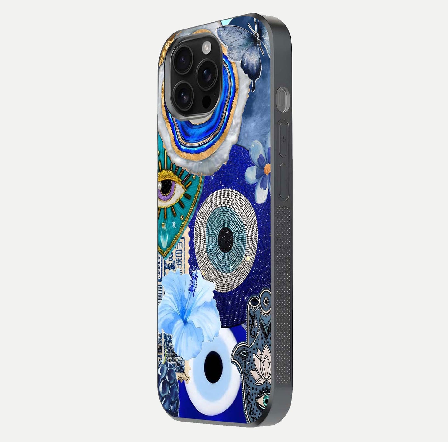 Celestial Blue Vision Glass Case for iPhone 16 Pro Max side-angle image capturing starlight shimmer and glass reflection