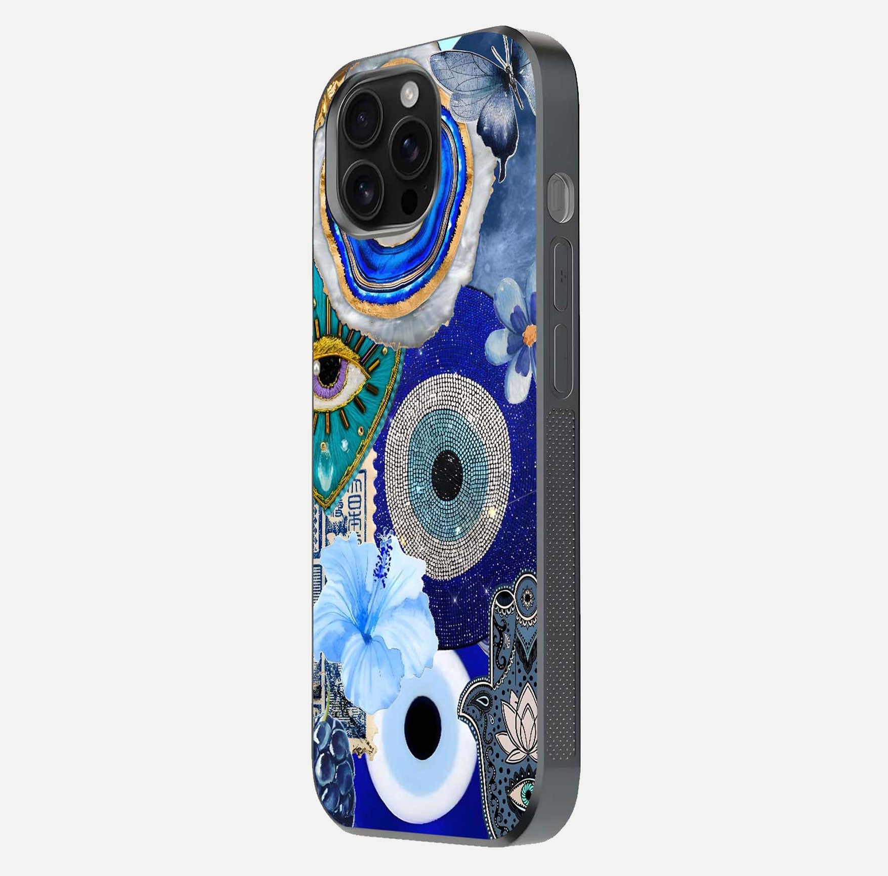 Celestial Blue Vision Glass Case for iPhone 16 Pro Max side-angle image capturing starlight shimmer and glass reflection