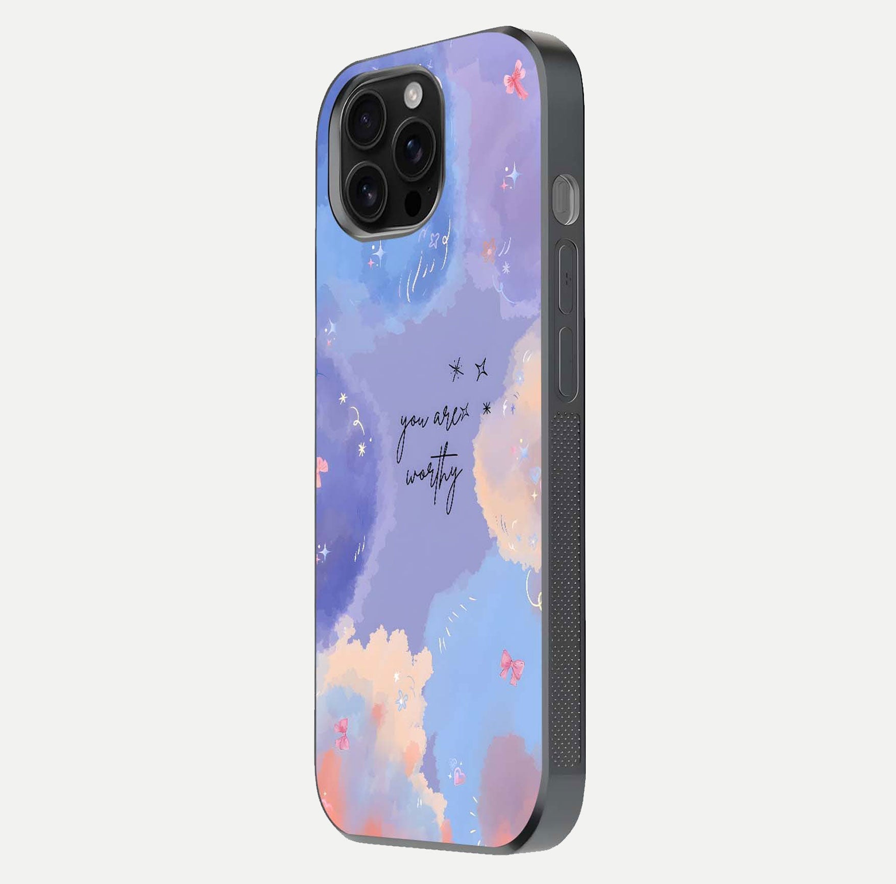Celestial Cloud Magic Glass Case for iPhone 16 Pro Max side-angle photo showing edge reflection and dreamy texture