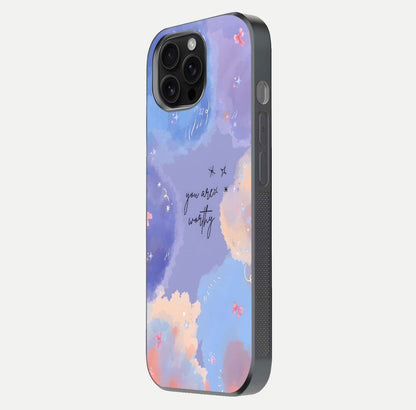 Celestial Cloud Magic Glass Case for iPhone 16 Pro Max side-angle photo showing edge reflection and dreamy texture