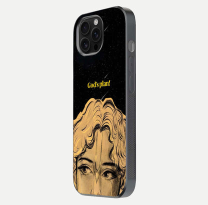 Celestial God’s Plan Glass Case for iPhone 16 Pro Max side-angle image showing gloss, camera frame, and cosmic tones