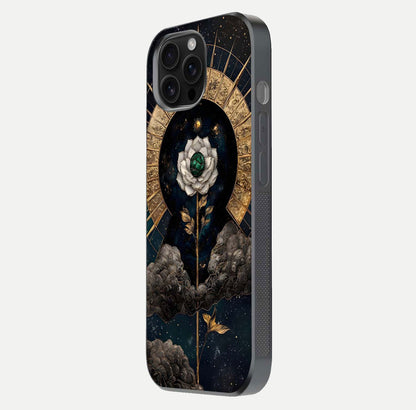 Celestial Lotus Morang Glass Case for iPhone 16 Pro Max side-angle image capturing shine and smooth curvature