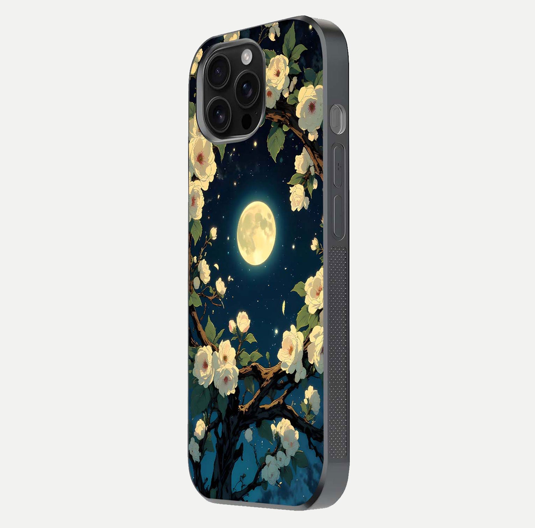 Celestial Moon & Flower Glass Case for iPhone 16 Pro Max side-angle image showing edge smoothness and glow reflection
