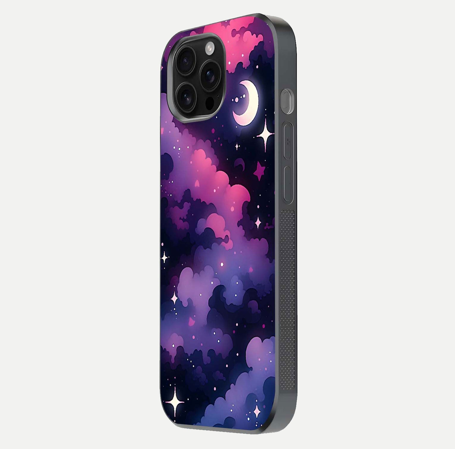 Celestial Moon Magic Glass Case for iPhone 16 Pro Max side-angle shot capturing soft reflection and curved gloss