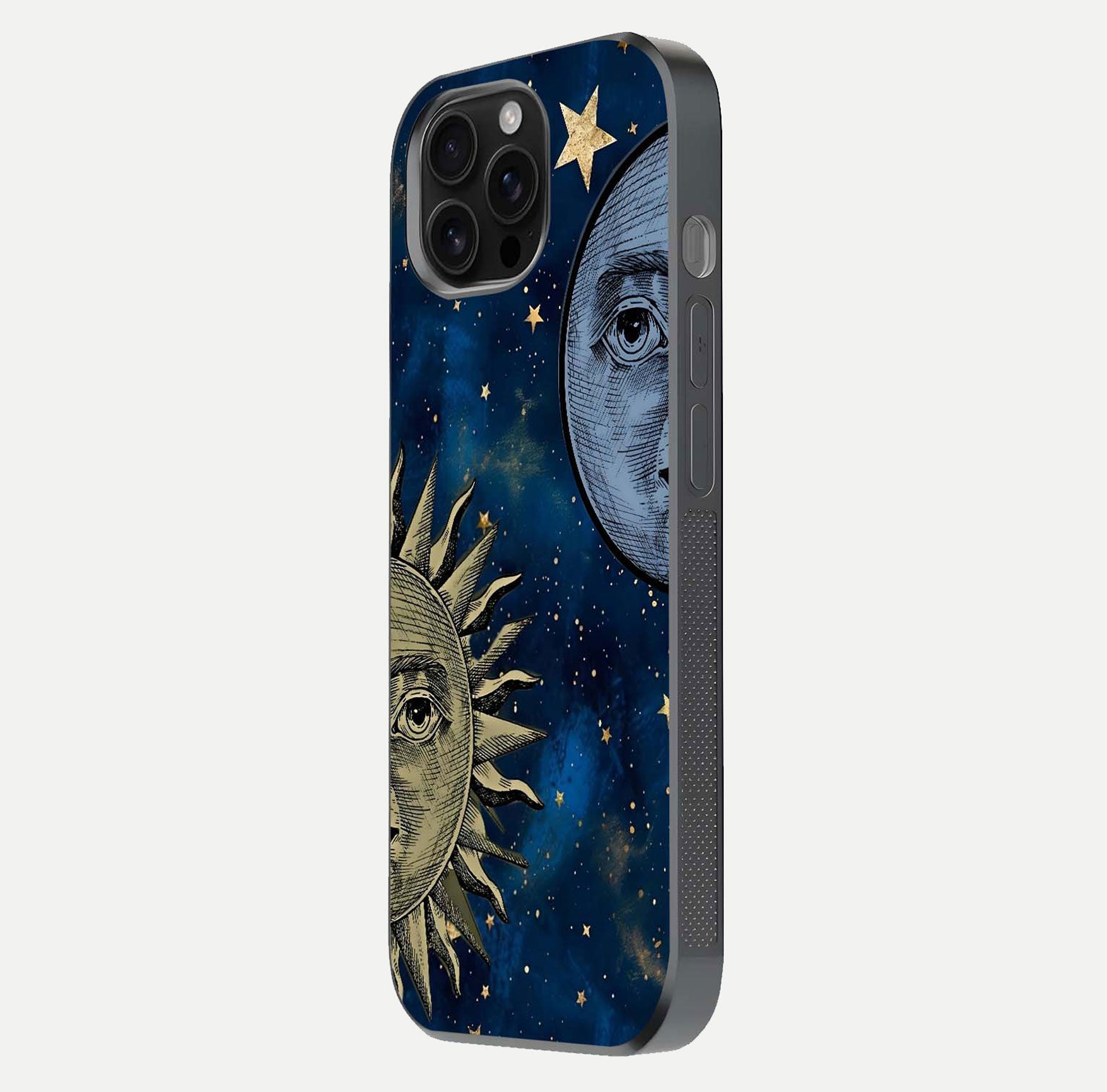Celestial Moon With Sun Glass Case for iPhone 16 Pro Max side-angle image showing reflection tones and cosmic edge