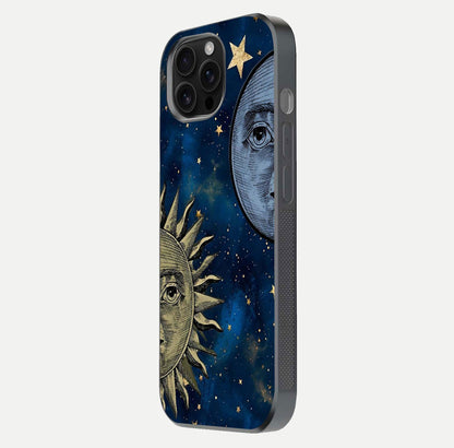 Celestial Moon With Sun Glass Case for iPhone 16 Pro Max side-angle image showing reflection tones and cosmic edge