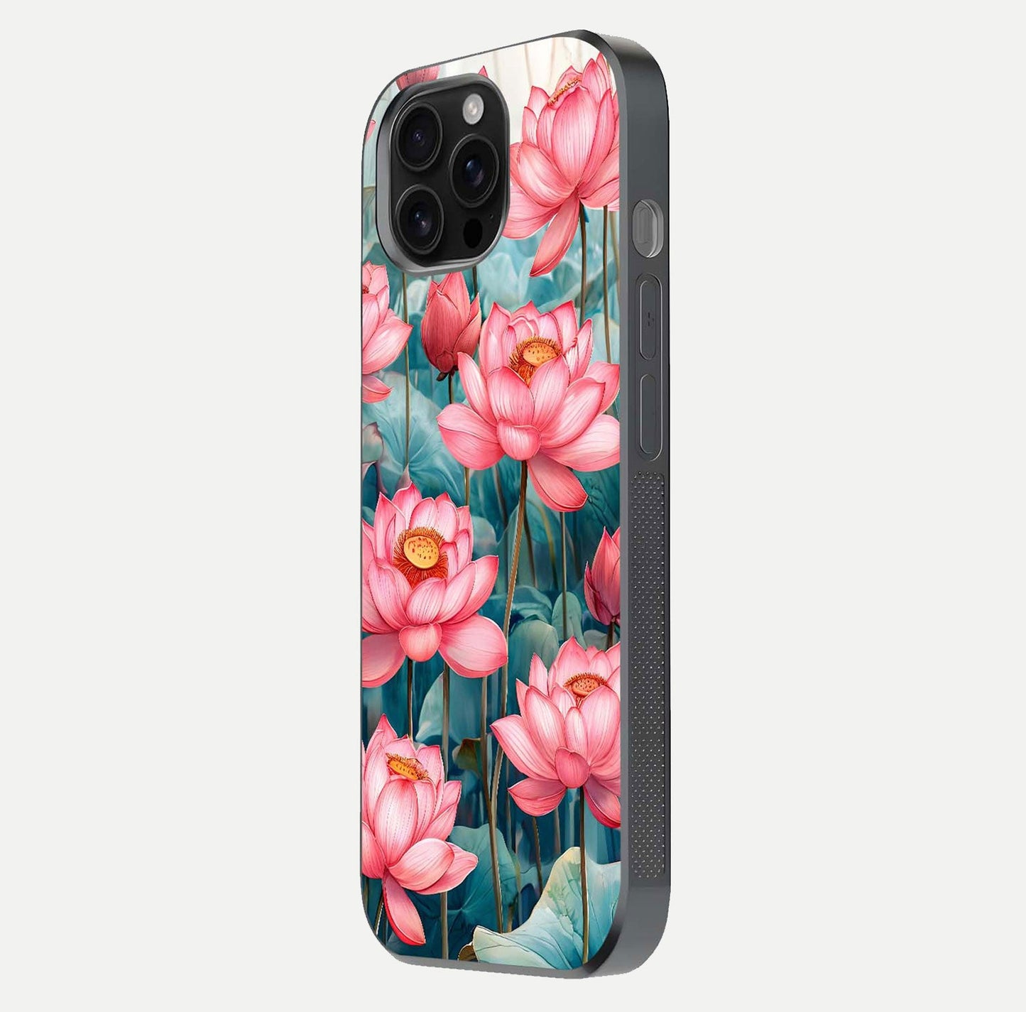 Celestial Pink Lotus Glass Case for iPhone 16 Pro Max side-angle image showing reflective shine and petal curve
