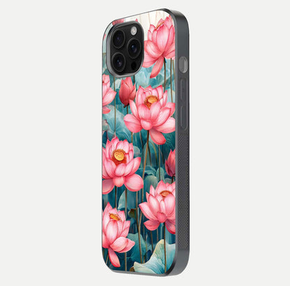 Celestial Pink Lotus Glass Case for iPhone 16 Pro Max side-angle image showing reflective shine and petal curve