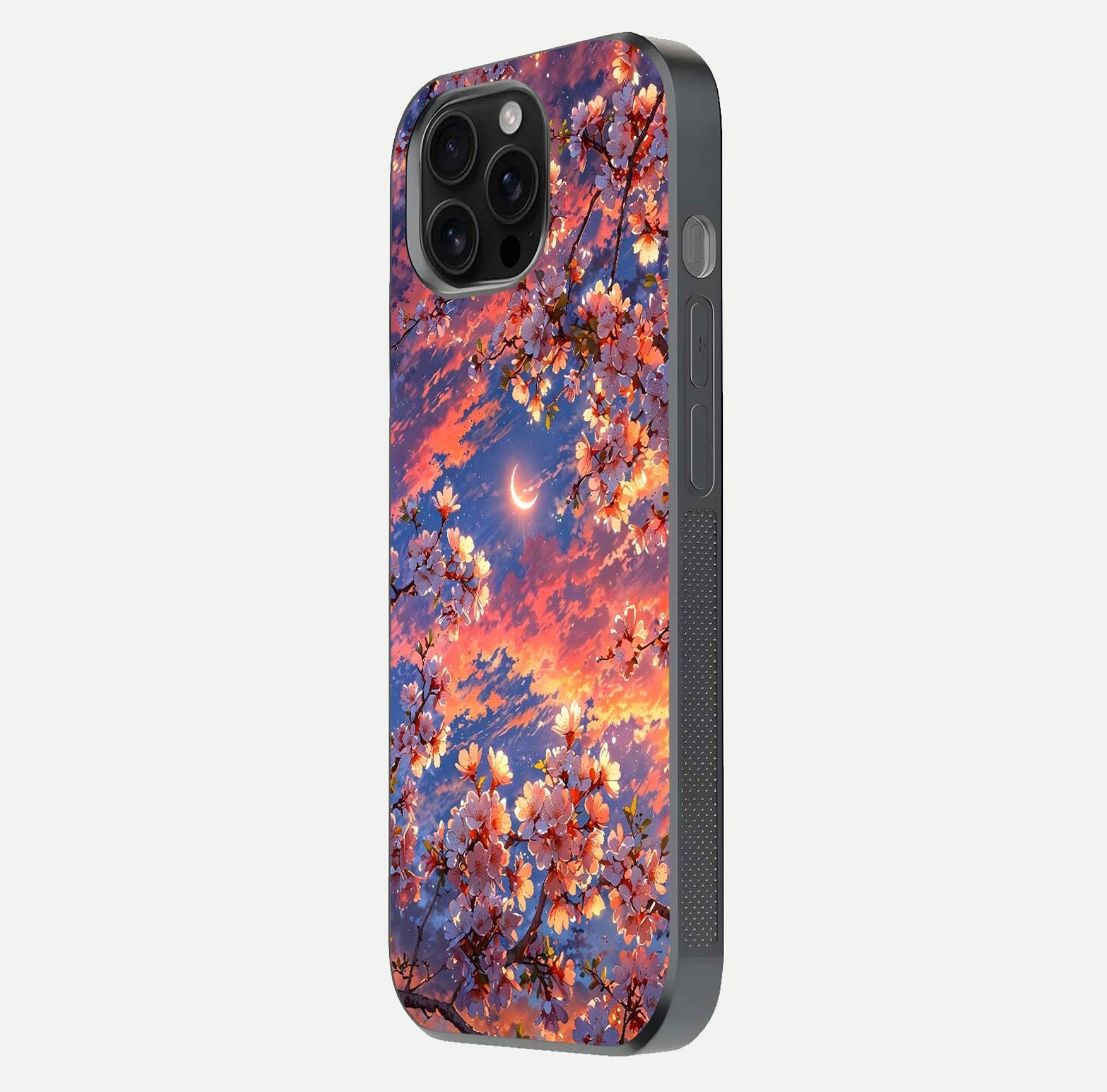 Celestial Sakura Sunset Glass Case for iPhone 16 Pro Max side-angle image showing edge glow and petal texture