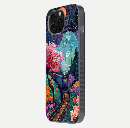 Celestial Train Journey Glass Case for iPhone 16 Pro Max side-angle image showing polished curve and HD print detail