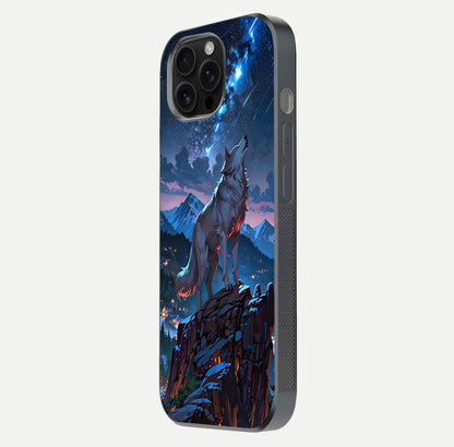 Celestial Wolf Howl Glass Case for iPhone 16 Pro Max side-angle image showing curve polish and moon glow