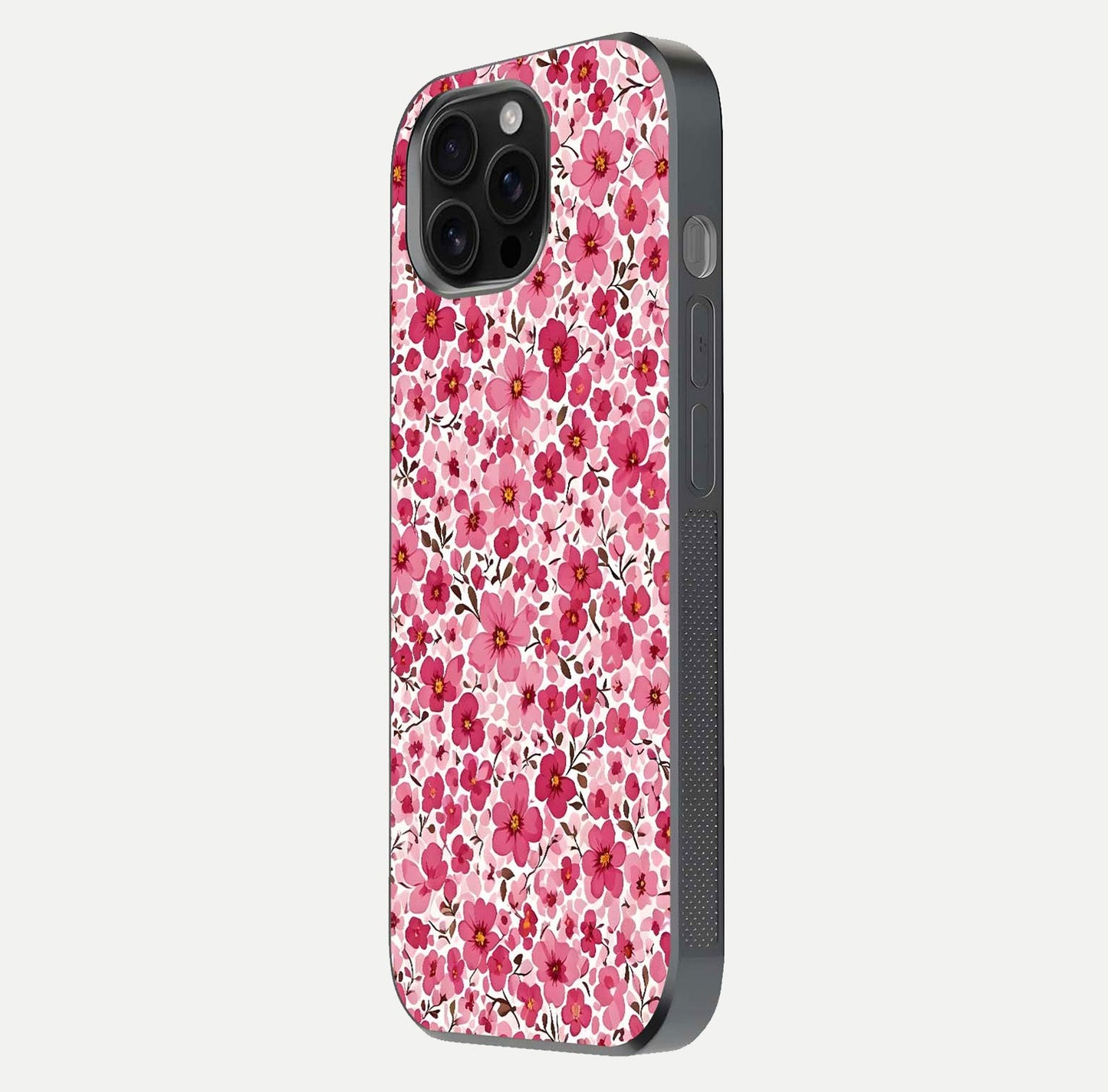 Cherry Blossom Charm Glass Case for iPhone 16 Pro Max side-angle image showing reflection gloss and soft texture