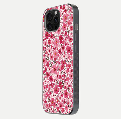 Cherry Blossom Charm Glass Case for iPhone 16 Pro Max side-angle image showing reflection gloss and soft texture