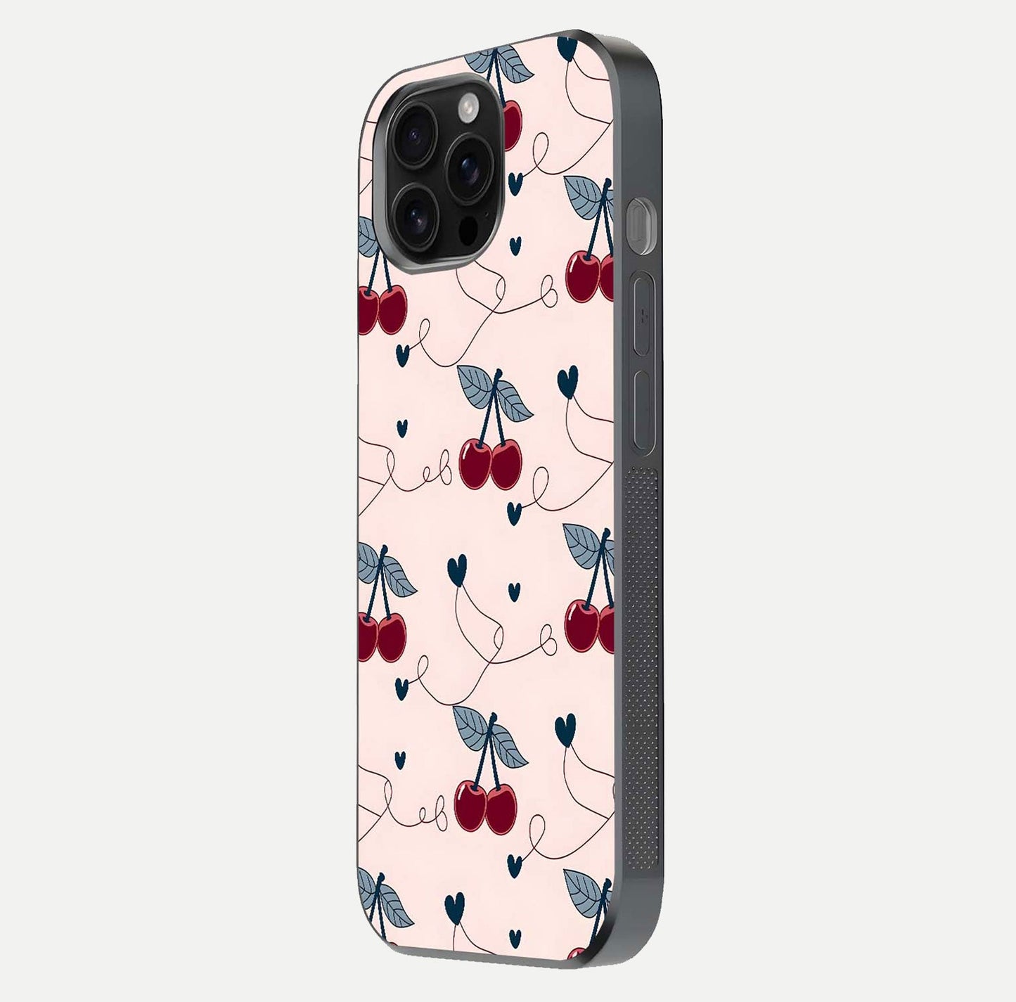 Cherry Heart Line Glass Case for iPhone 16 Pro Max side-angle view capturing smooth curves and shine effect