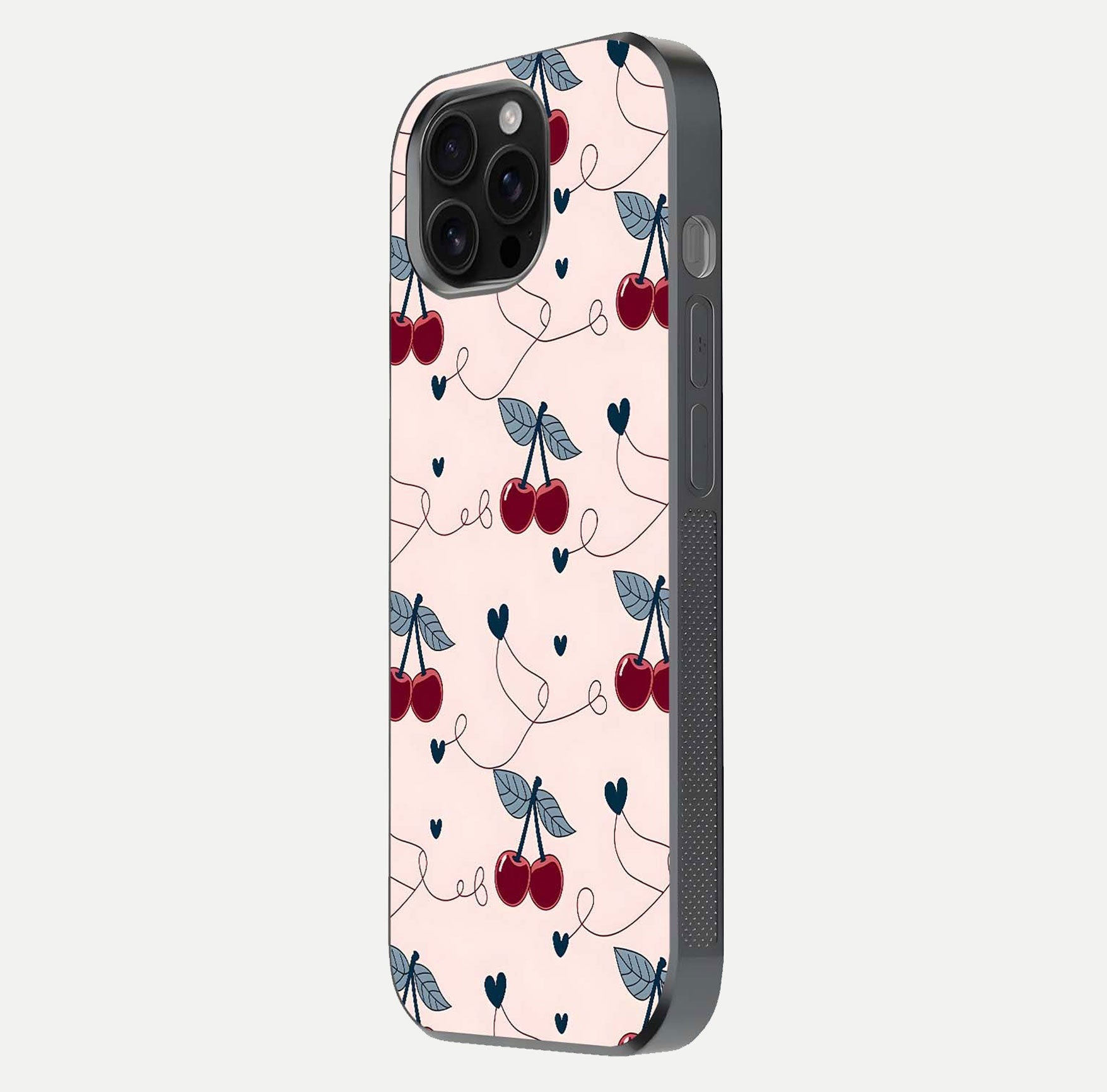 Cherry Heart Line Glass Case for iPhone 16 Pro Max side-angle view capturing smooth curves and shine effect