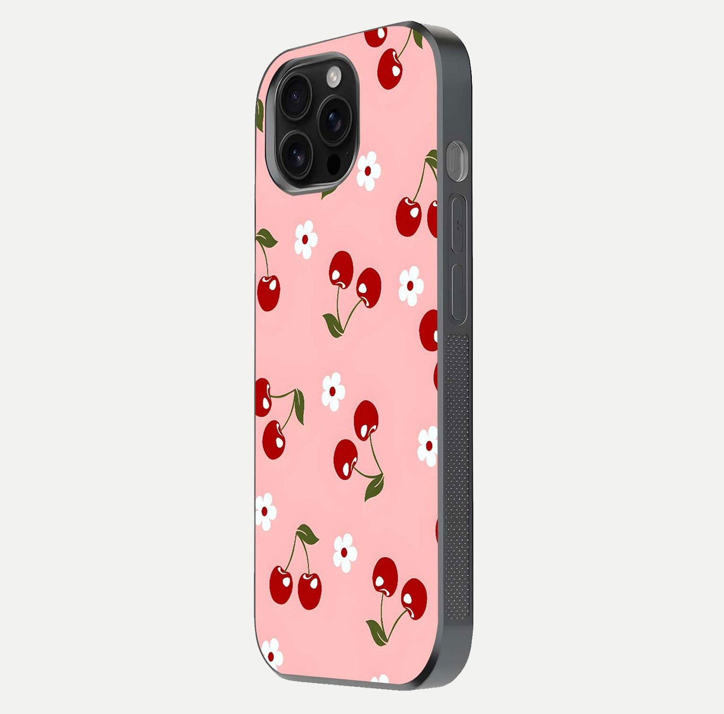 Cherry Love Mood Glass Case for iPhone 16 Pro Max side-angle image capturing smooth gloss and delicate details