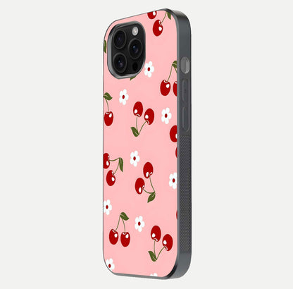 Cherry Love Mood Glass Case for iPhone 16 Pro Max side-angle image capturing smooth gloss and delicate details