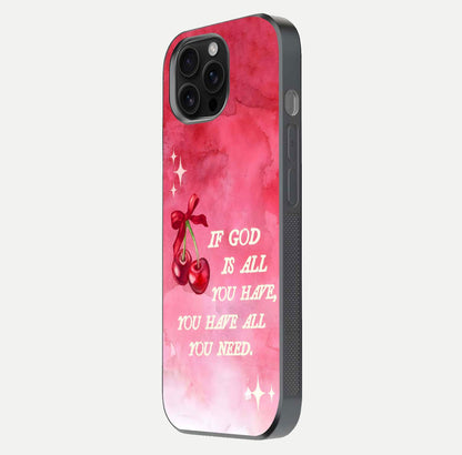 Cherry Quote Glass Case for iPhone 16 Pro Max side-angle image showing curve glow and glass detail