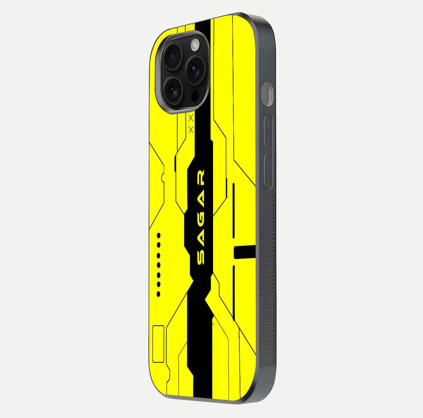 Circuit CYBERPUNK Custom Name Glass Case for iPhone 16 Pro Max side-angle image showing reflective finish and design precision