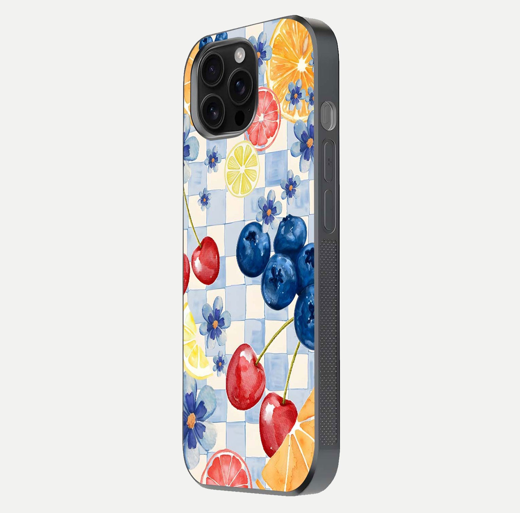 Citrus Bloom Joy Glass Case for iPhone 16 Pro Max side-angle photo capturing bright color and glass reflection