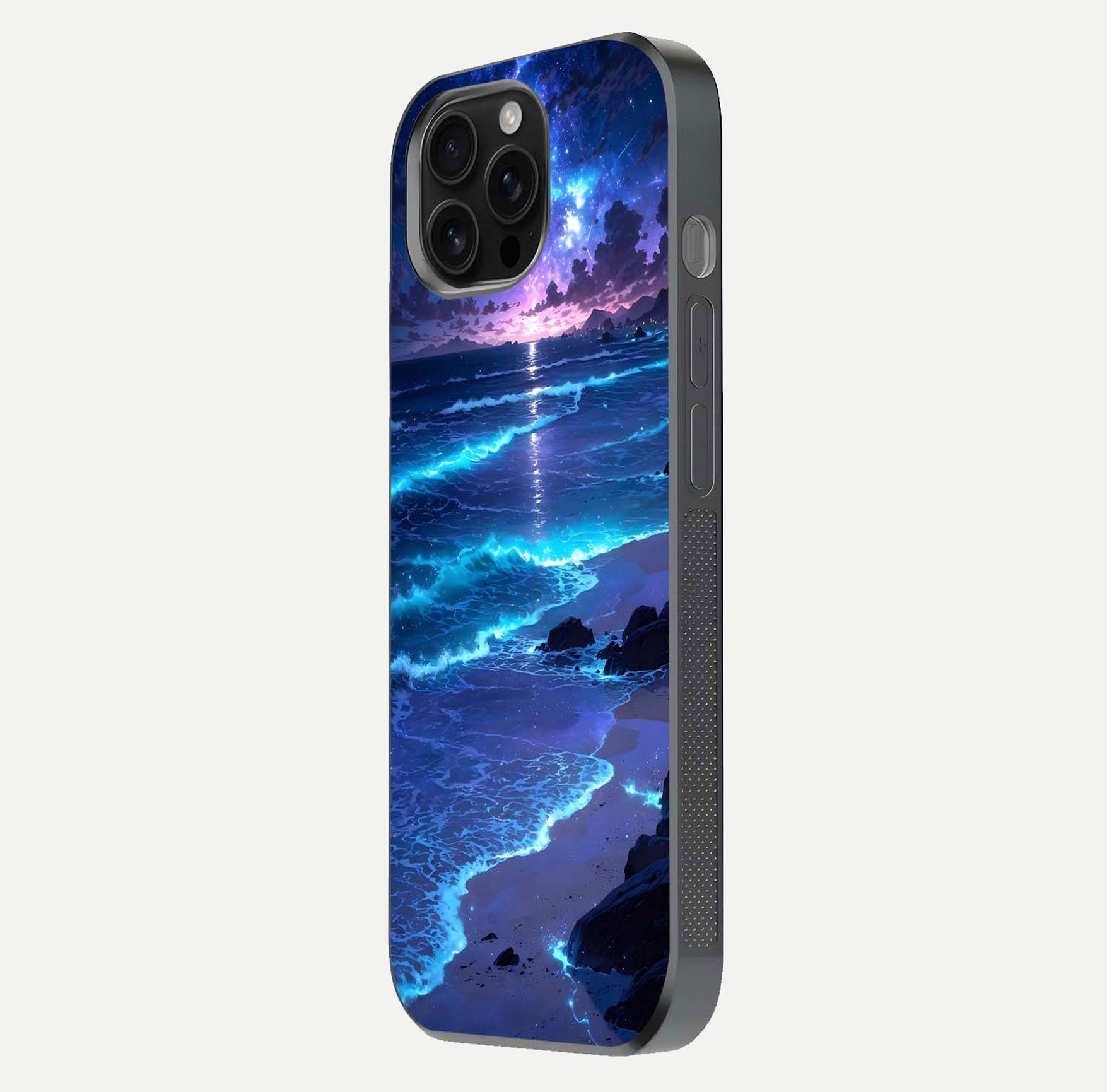 Classic Damn Look Glass Case for iPhone 16 Pro Max side-angle photo showing shine texture and curve reflection