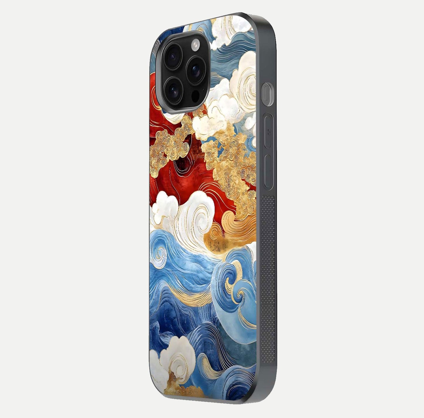 Colored Waves Glass Case for iPhone 16 Pro Max side-angle image showing light reflection, edge design, and shine