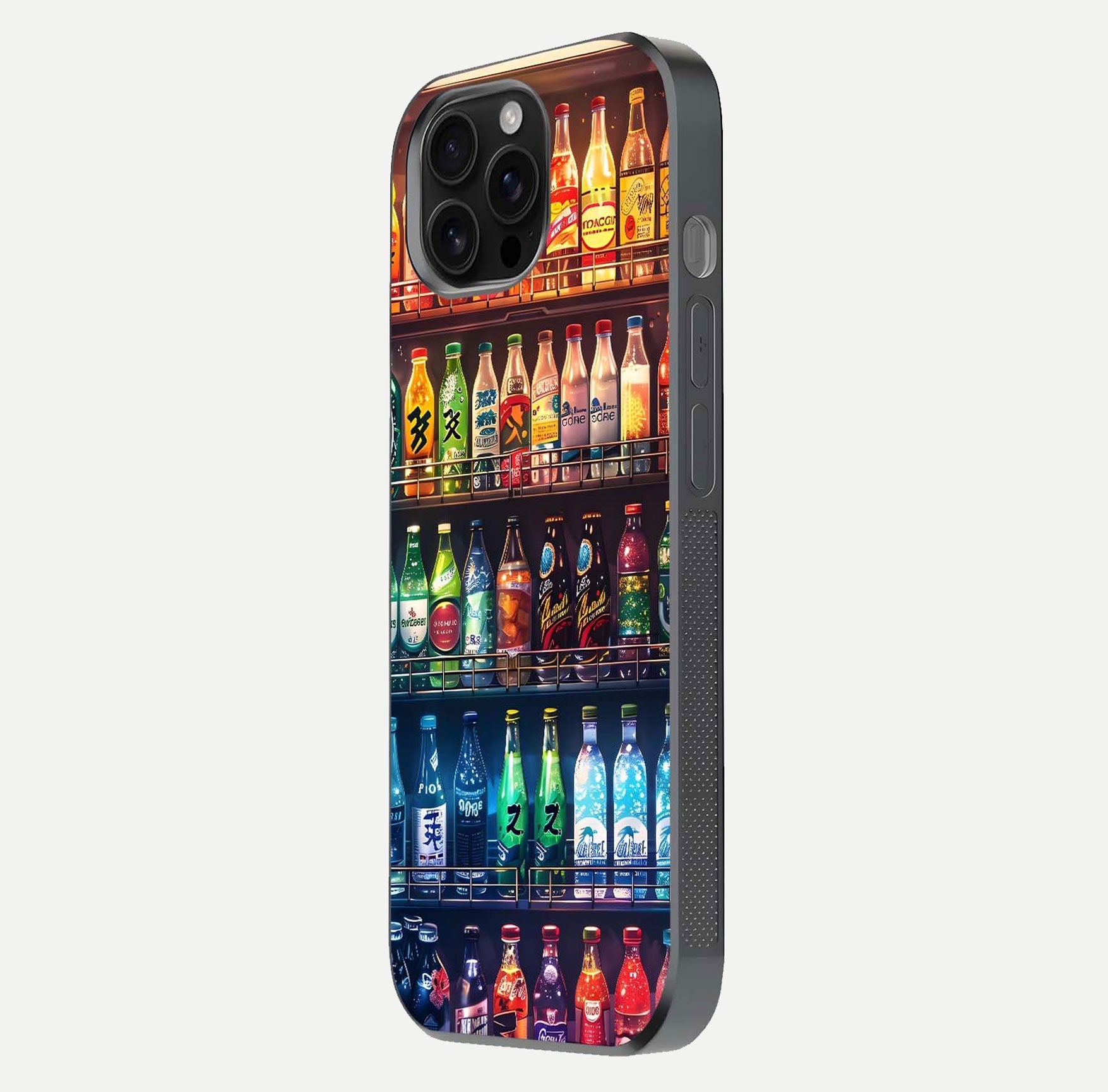 Colorful Soda Bottles Glass Case for iPhone 16 Pro Max side-angle photo showing polish shine and texture depth