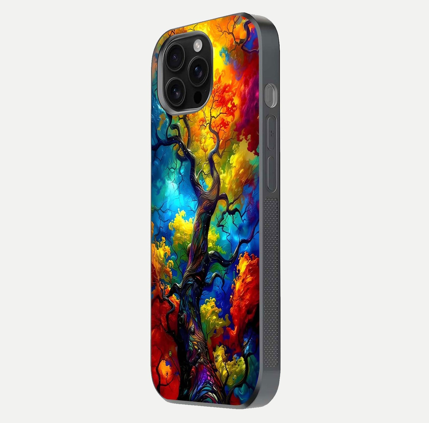 Colorful Tree Glass Case for iPhone 16 Pro Max side-angle image showing curve reflection and fine print texture